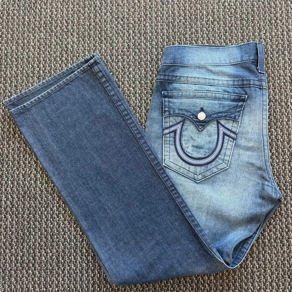 True Religion Boot Cut Denim Jeans Mens Faded Distressed Flap Pocket USA 38x34